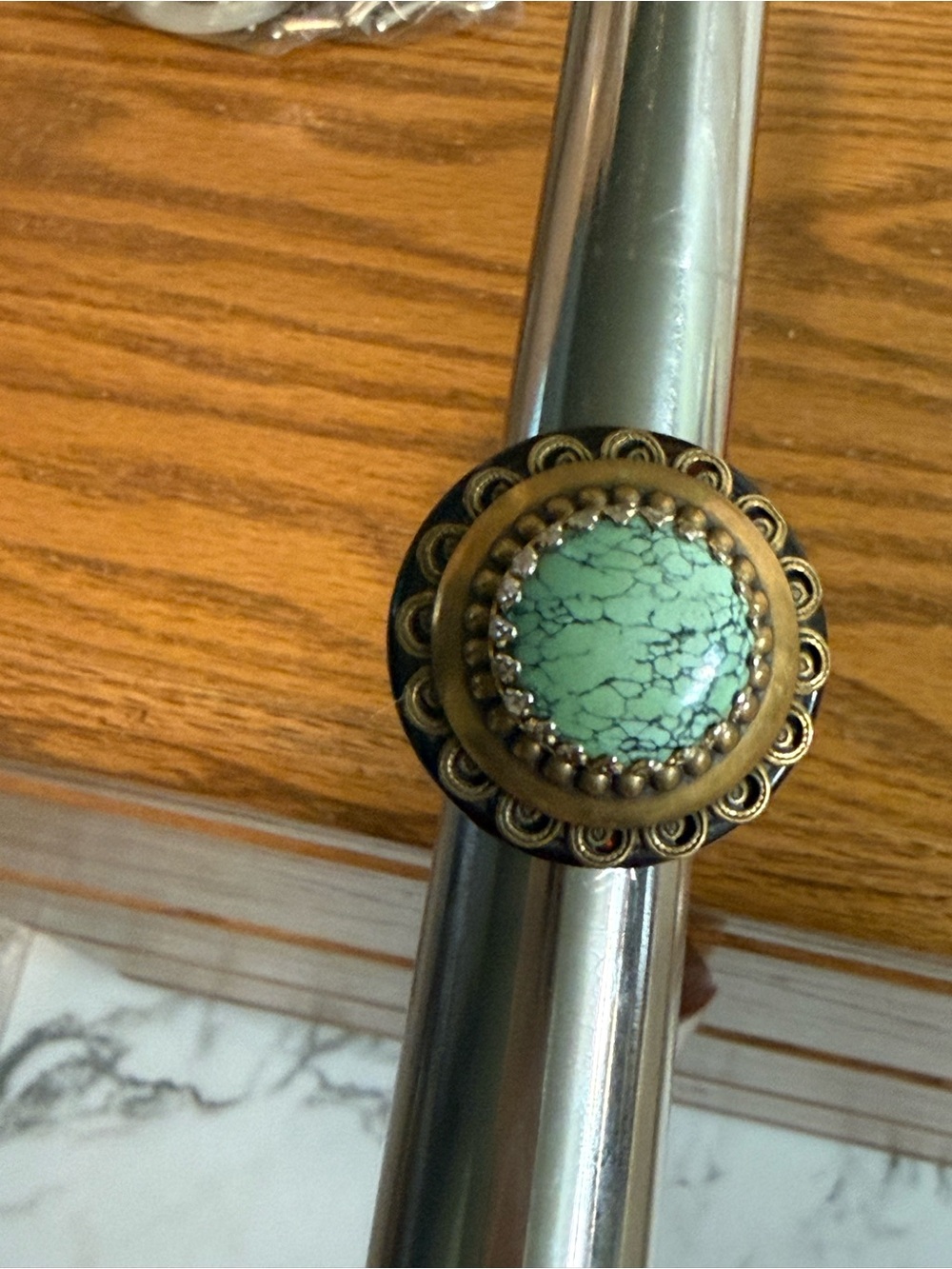 Funky Boho Lucite Brass And Green Stone Ring Size 7 Signed